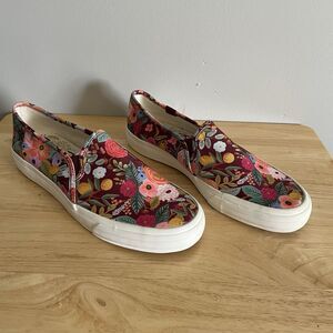 Keds x Rifle Paper Co Burgundy Floral Print Slip-on Sneaker Size 8.5 Excellent